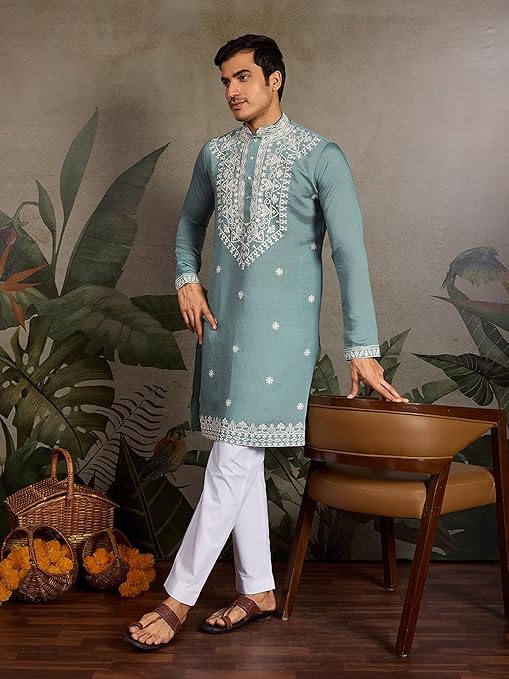 Kalaanj Men's Embroidered Silk Kurta